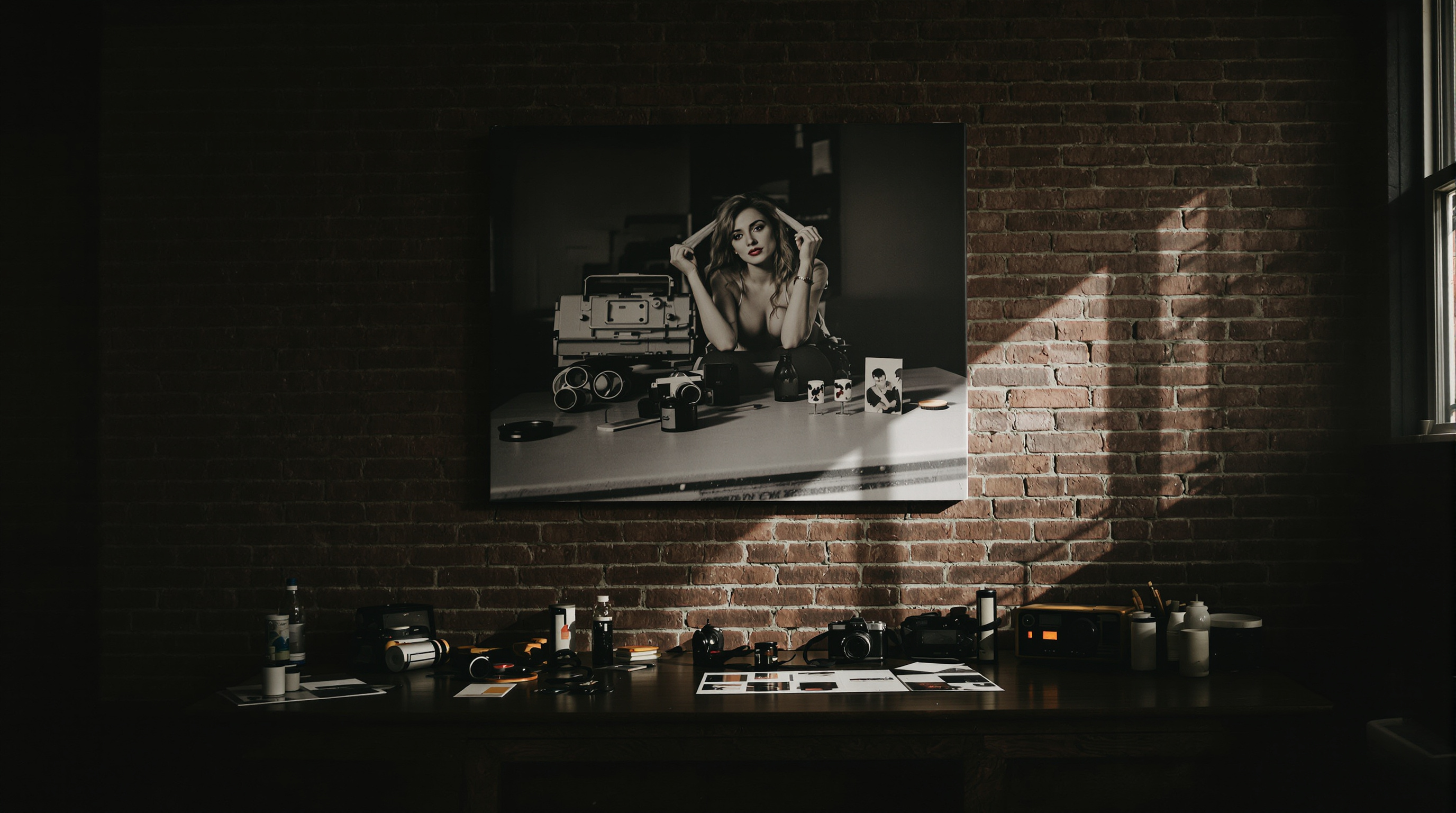 Louisville photography studio with black-and-white canvas print on brick wall, vintage film camera, 35mm film rolls, and negatives on wooden table