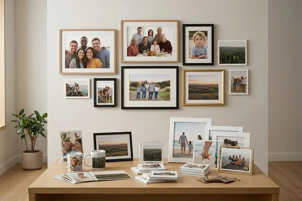 Framed wall art canvas-style photo displays and enlarged family prints arranged in a clean modern home-inspired setting