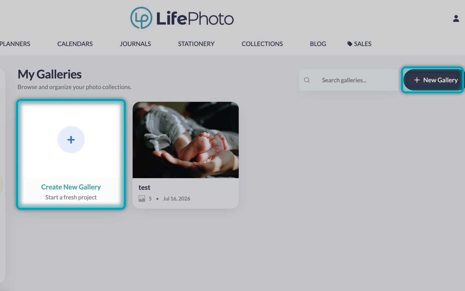 My Galleries page with New Gallery button