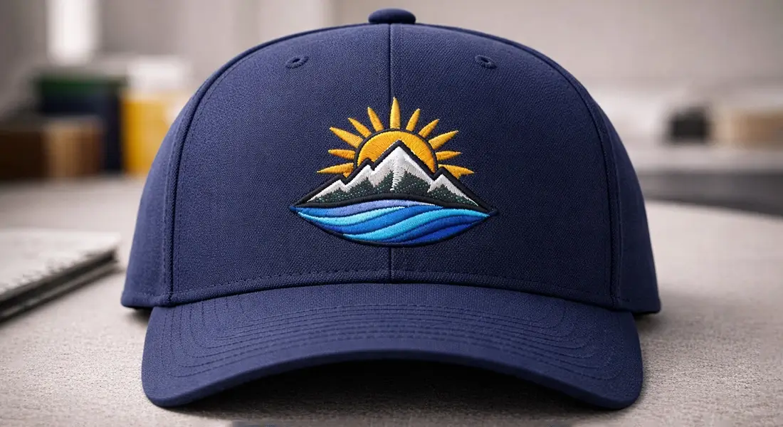 Front embroidery placement on a structured cap, showing centered logo area above the brim for clean readability