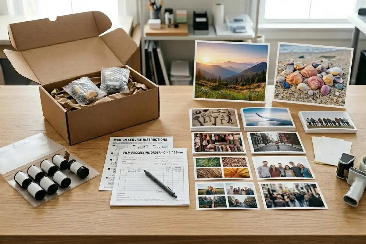 Finished photo prints laid out neatly on a clean table with color-accurate family and student-life images and a professional print lab feel