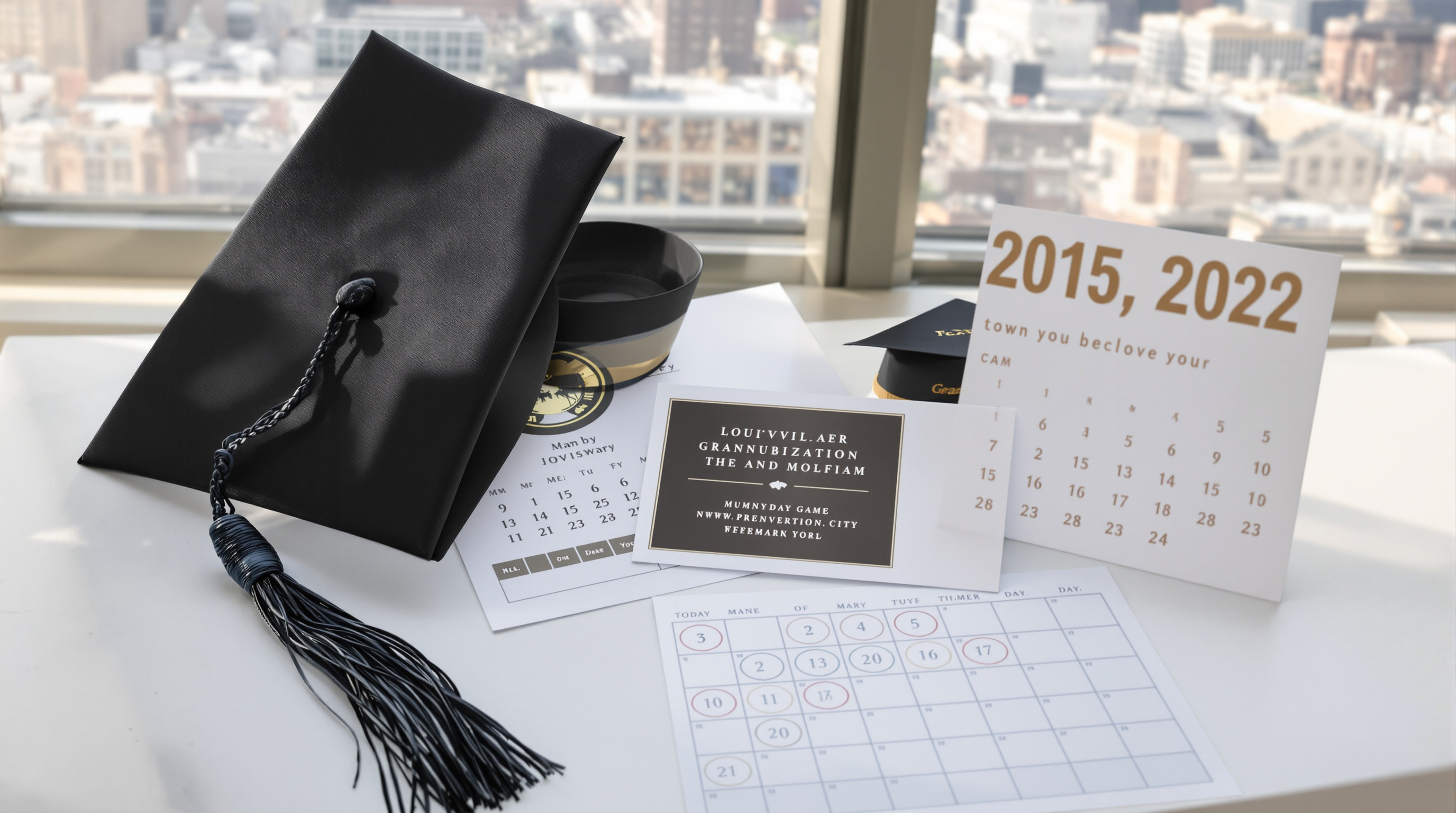 A flat lay photograph on a clean white surface featuring freshly printed graduation announcement cards, a mortarboard cap, a tassel, and a calendar with circled dates, warm natural light, Louisville city skyline subtly visible in the background through a w