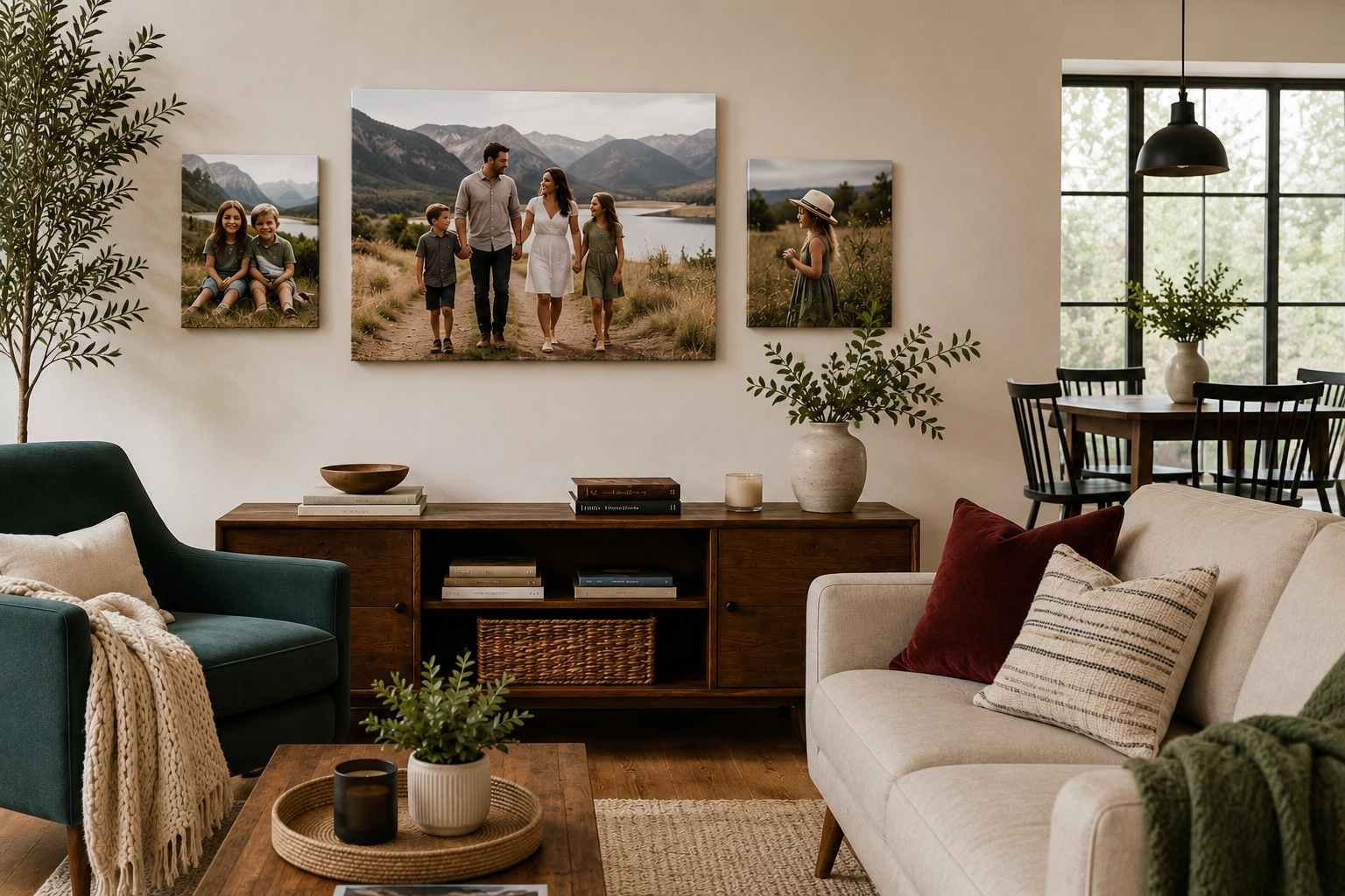 Personalized family canvas prints displayed in a warm contemporary home