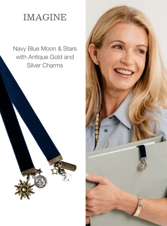 Dutch & Deckle Planner with Navy Blue Moon & Stars Velvet Bookmark in Antique Gold and Silver Charms