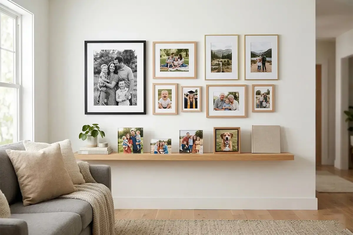 Framed wall decor, canvas-style photo displays, and enlarged family prints arranged in a clean modern home-inspired setting