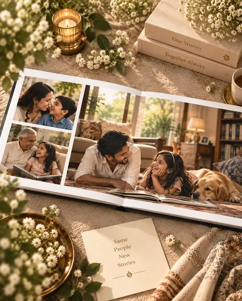 A family group photograph printed across a Nostalo layflat spread