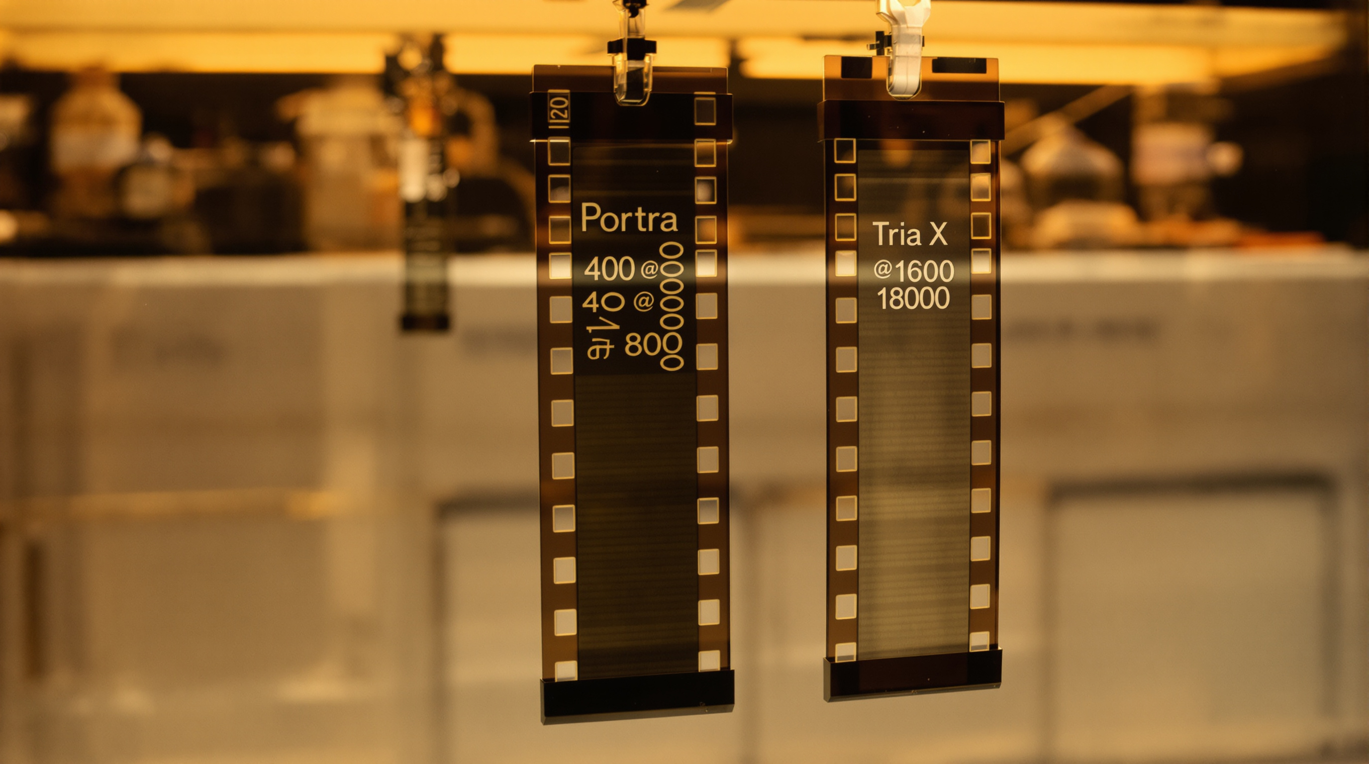 A close-up photograph of a professional film development setup showing two strips of 120 medium format film hanging to dry - one clearly labeled as 'Portra 400 @ 800' and the other as 'Tri-X @ 1600'. The textured grain pattern is visible in the negatives, 
