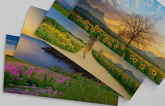 Stacked metal photo prints featuring vibrant landscapes with flowers, mountains, and sunset skies