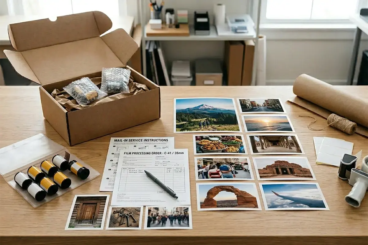 Finished photo prints laid out neatly on a clean table with color-accurate family and travel images and a professional print lab feel