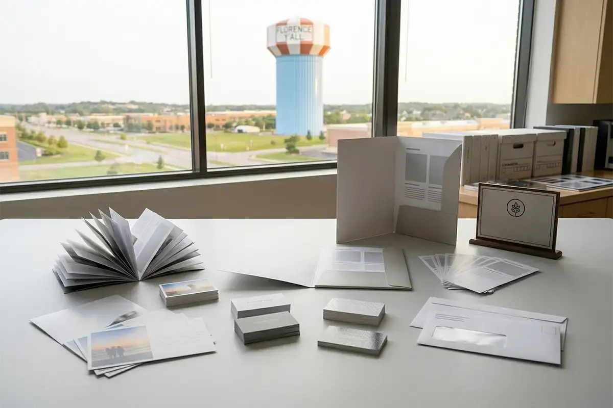 Business printing package with brochures, postcards, business cards, presentation folders, rack cards, and signage samples