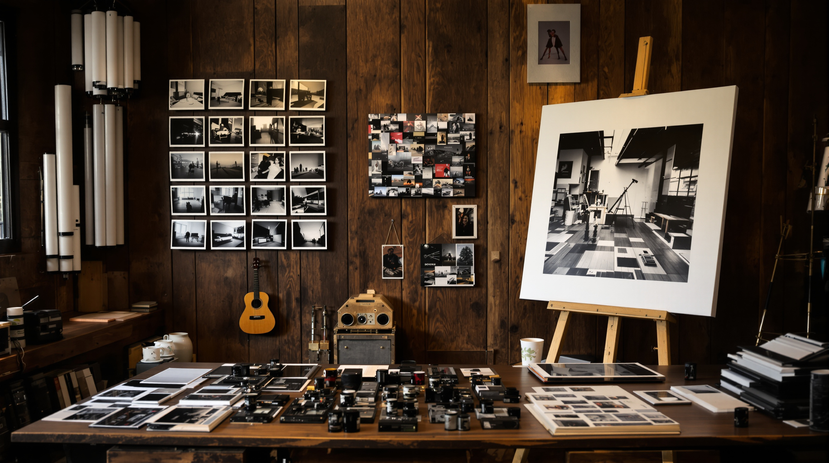 A warm, well-lit photography studio in Louisville, Kentucky, showing rolls of 35mm film, printed analog photographs hanging on a rustic wooden wall, and a large canvas print of a vintage black-and-white photo on an easel, with film negatives and contact sh