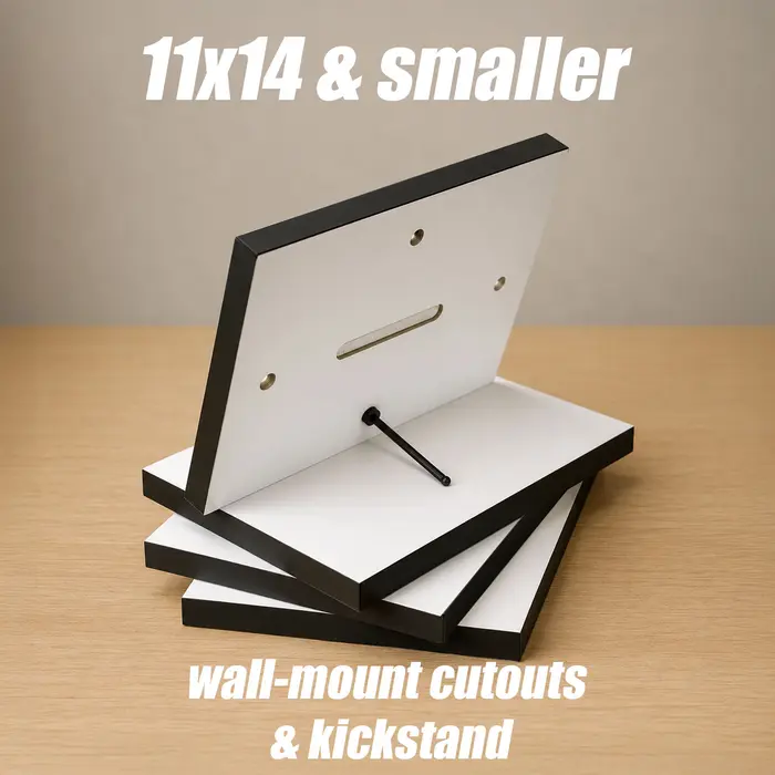 Back of a standout mount at 11x14 and smaller, showing wall-mount cutouts and a kickstand