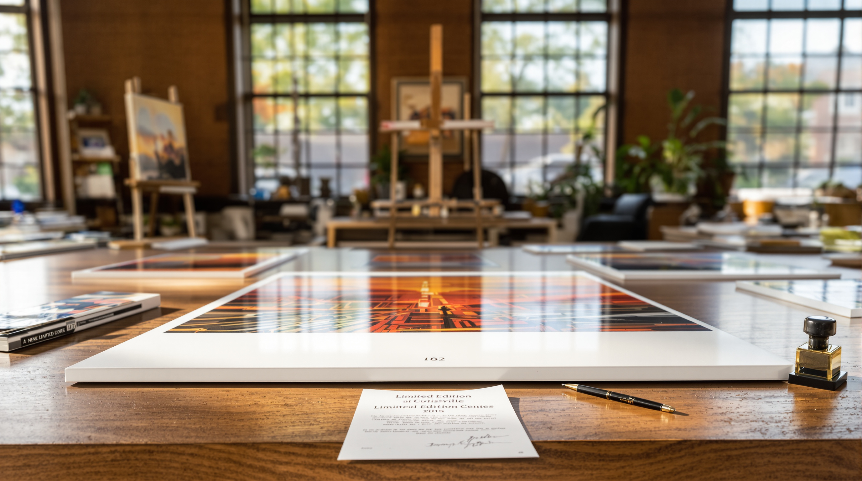 Louisville artist studio with limited edition giclée canvas prints, certificate of authenticity, ink stamp, and pen on wooden table