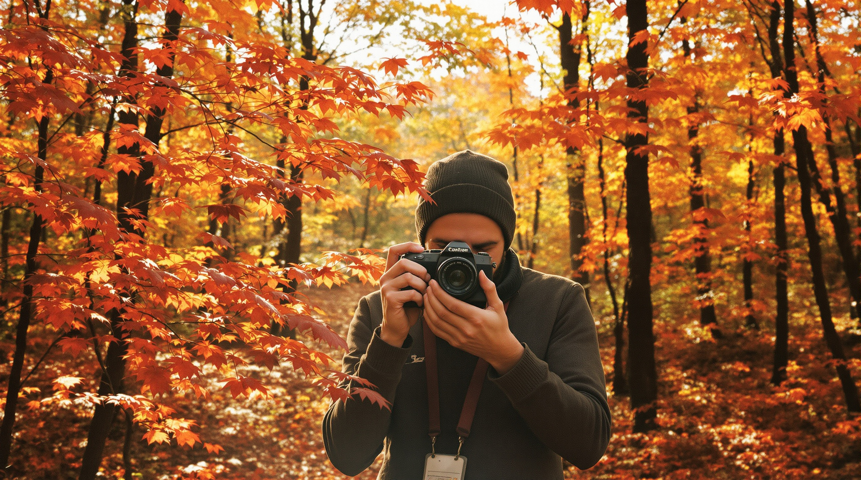 Film photographer holding vintage 35mm camera in autumn forest in Louisville, Kentucky, surrounded by red and orange maple leaves