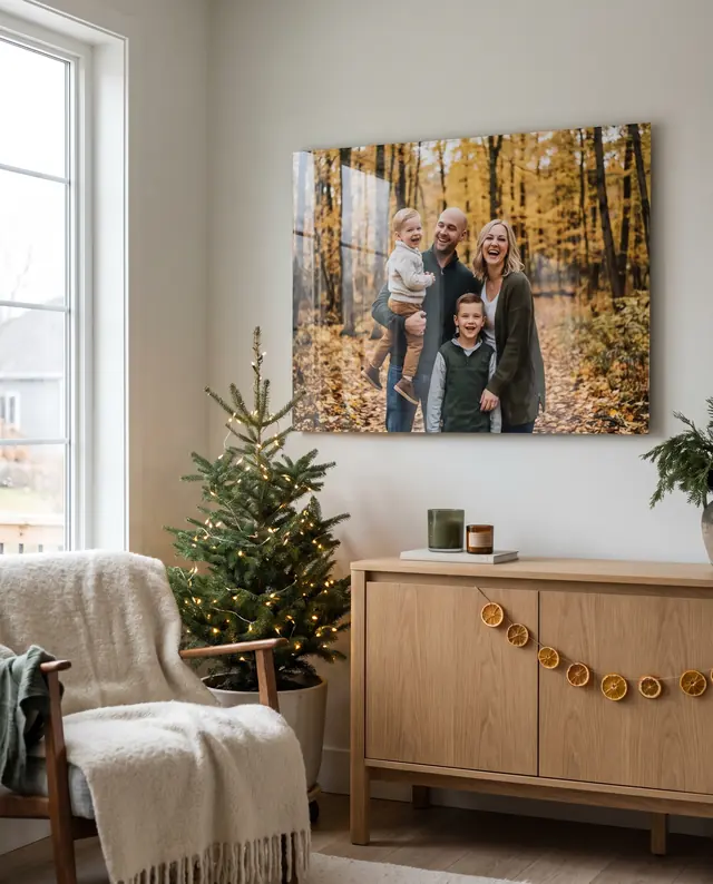 Metal print of a family above an oak sideboard