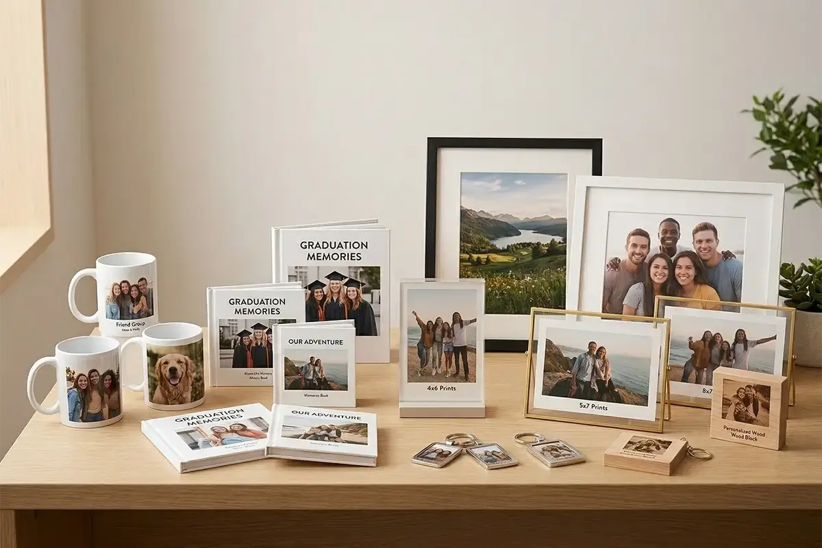 Photo gifts such as mugs desk prints mini books and small framed prints arranged in a clean modern setting