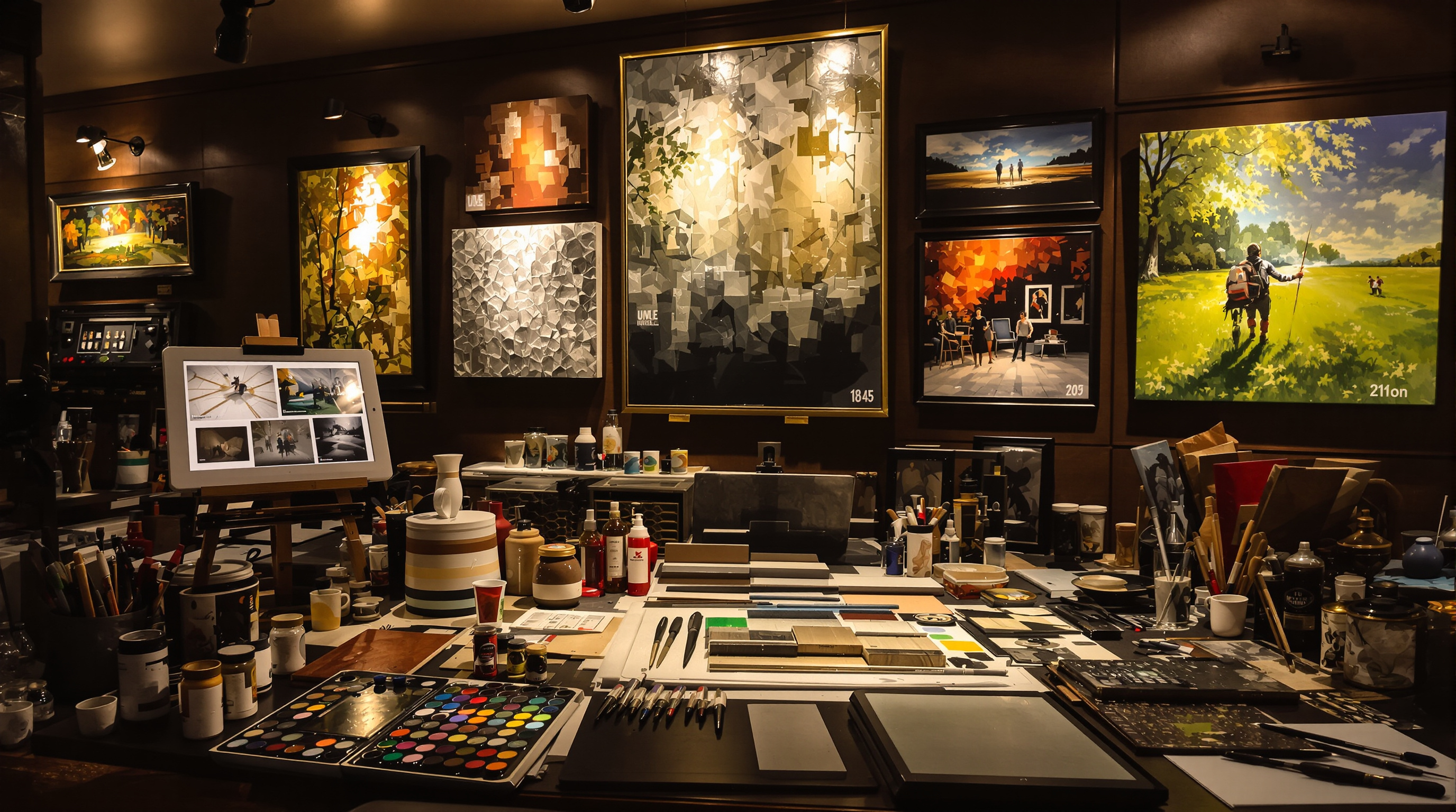 Professional photograph of an elegant art studio with dramatic lighting showing various artistic mediums, textures and finishes. In the foreground, an artist's workstation with oil paints, digital tablet, and textured canvas samples. Background features fi