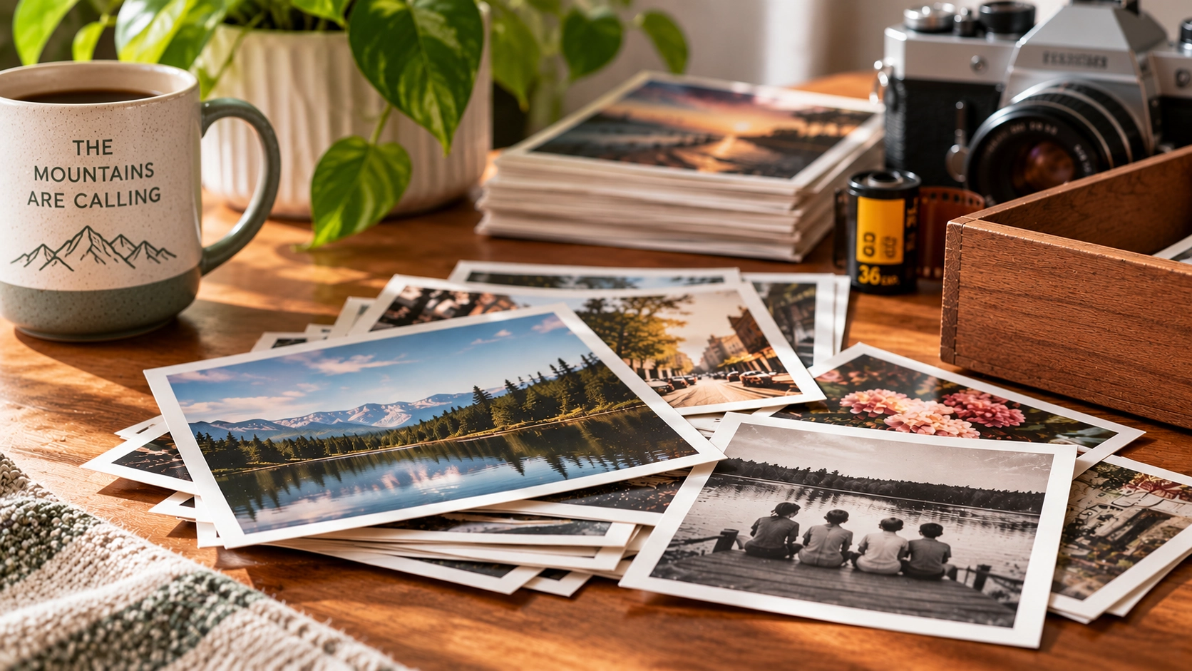 Assorted printed photographs arranged on a warm wooden table