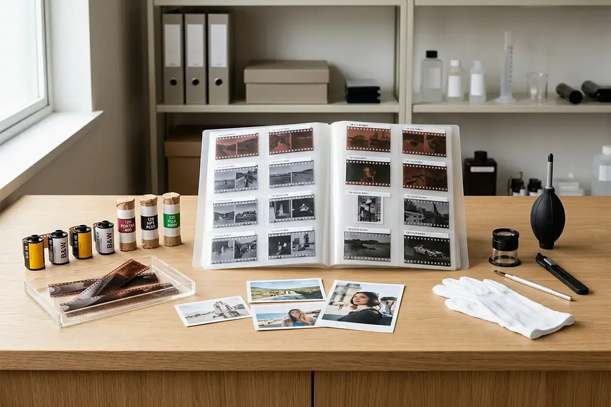 Film developing counter with 35mm and 120 film canisters negatives archival sleeves and a clean professional lab workspace