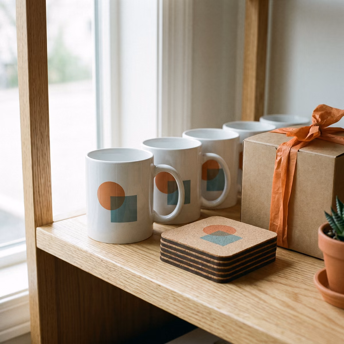 Row of branded mugs and coasters on an office shelf
