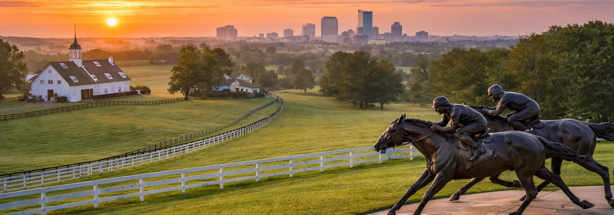 Horse country scenery near Lexington, Kentucky, with fenced pasture and rolling fields