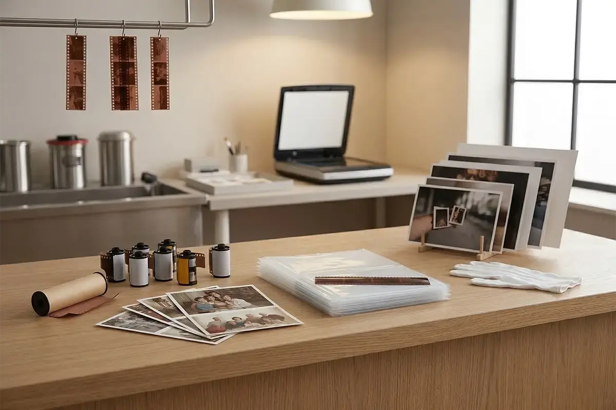 Film developing counter with 35mm and 120 film canisters negatives archival sleeves and a clean professional lab workspace