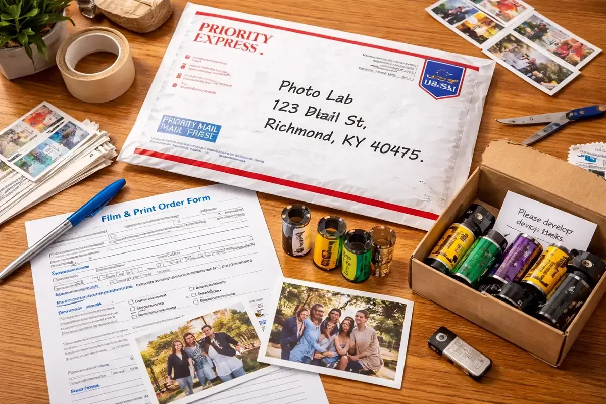 Clean mail-in film and print service kit with film rolls, order materials, and protective packaging on a tabletop