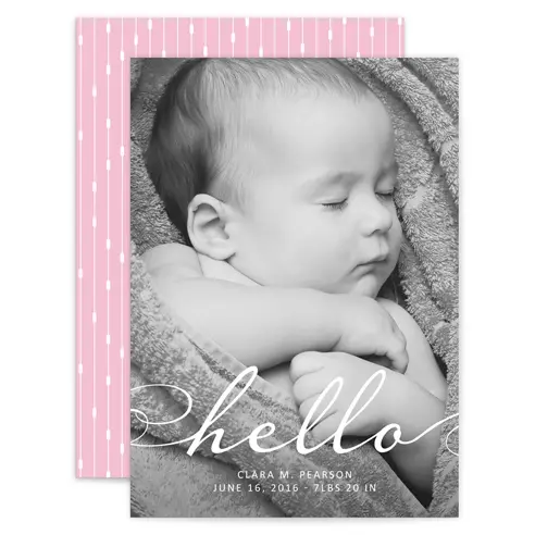 Baby announcement photo card with pink design
