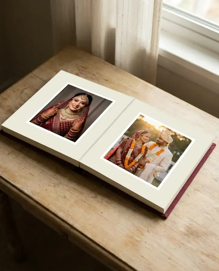 An open wedding photo album on ivory linen