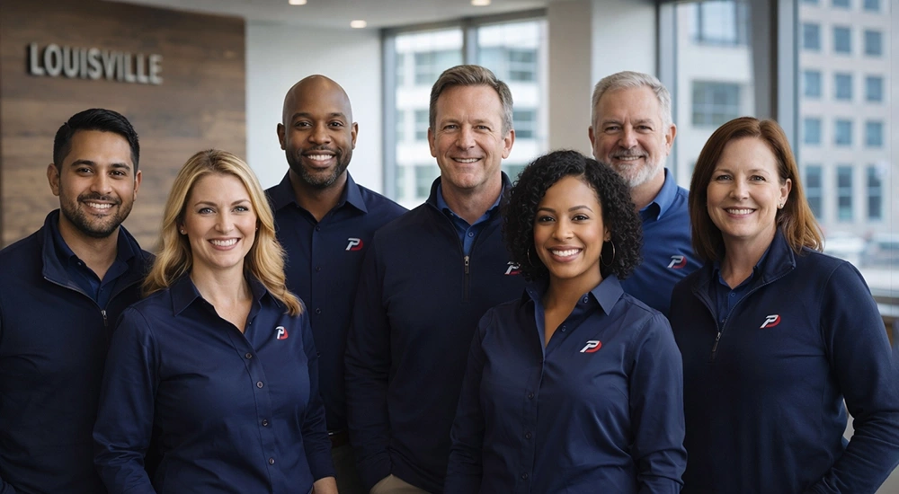 Diverse business team in a modern Louisville office wearing navy embroidered-logo apparel, smiling together in a professional group photo.
