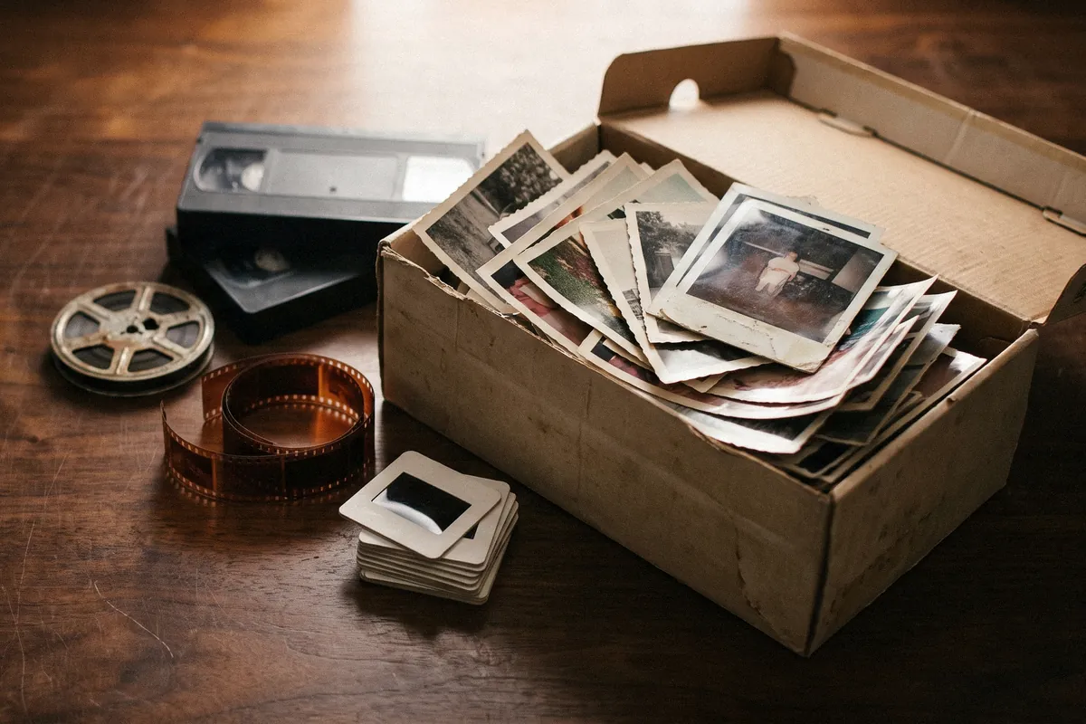 A kraft box on a shop counter holding a bundle of original photo prints, a slide tray and a USB drive.