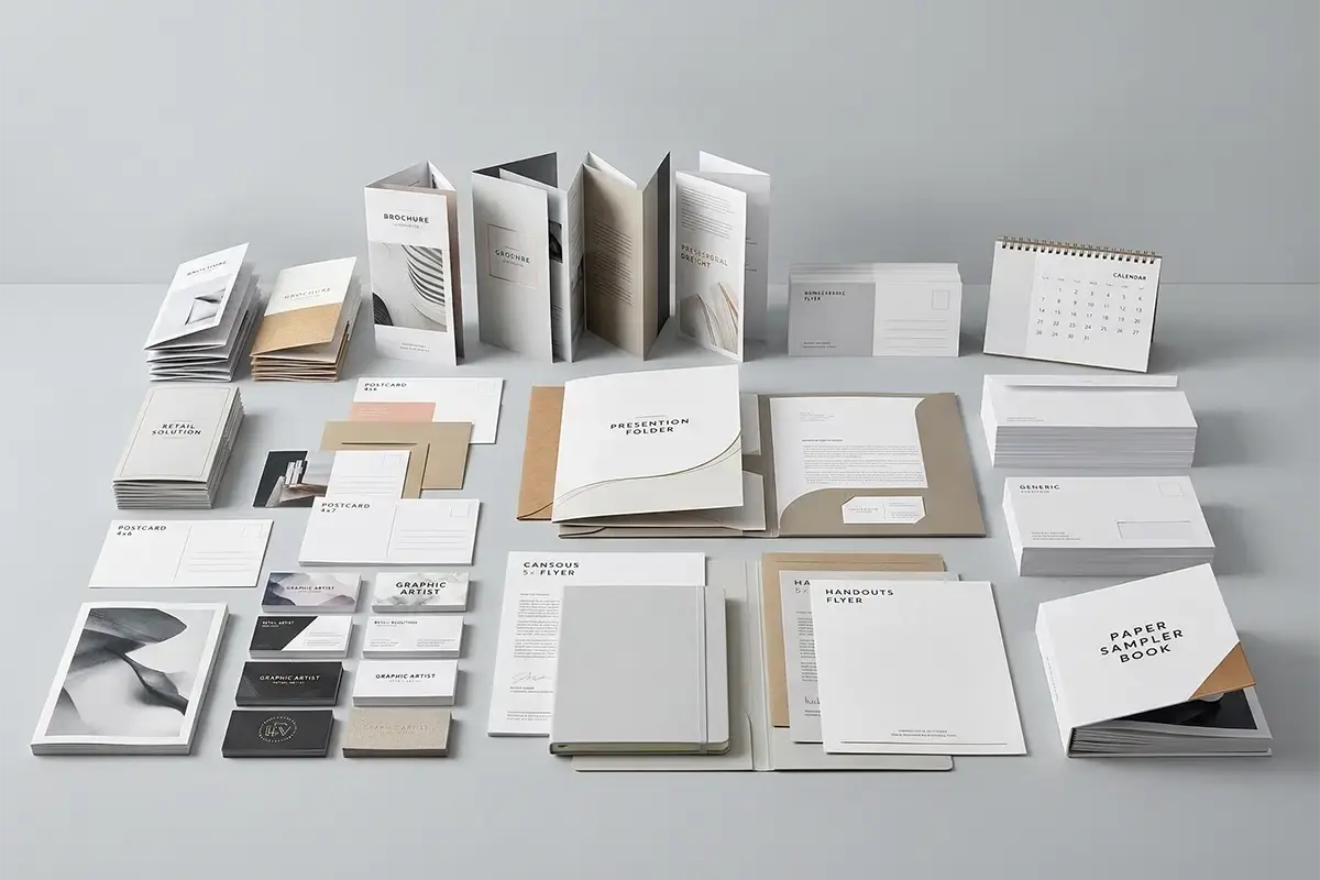 Business printing package with brochures postcards folders handouts and office materials in a clean professional setting