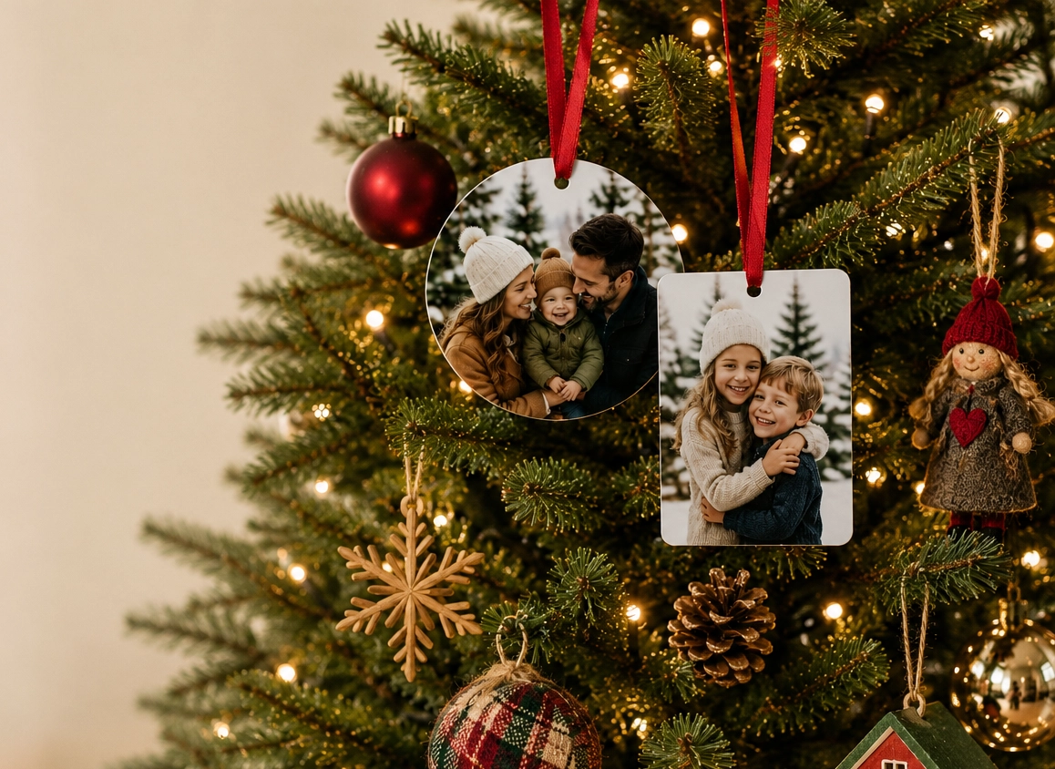 Personalized photo ornaments hanging on a family Christmas tree