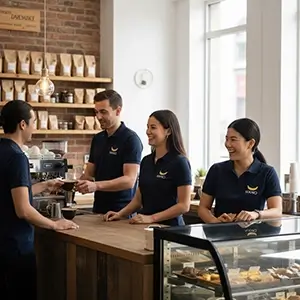 Small business team members in matching embroidered shirts
