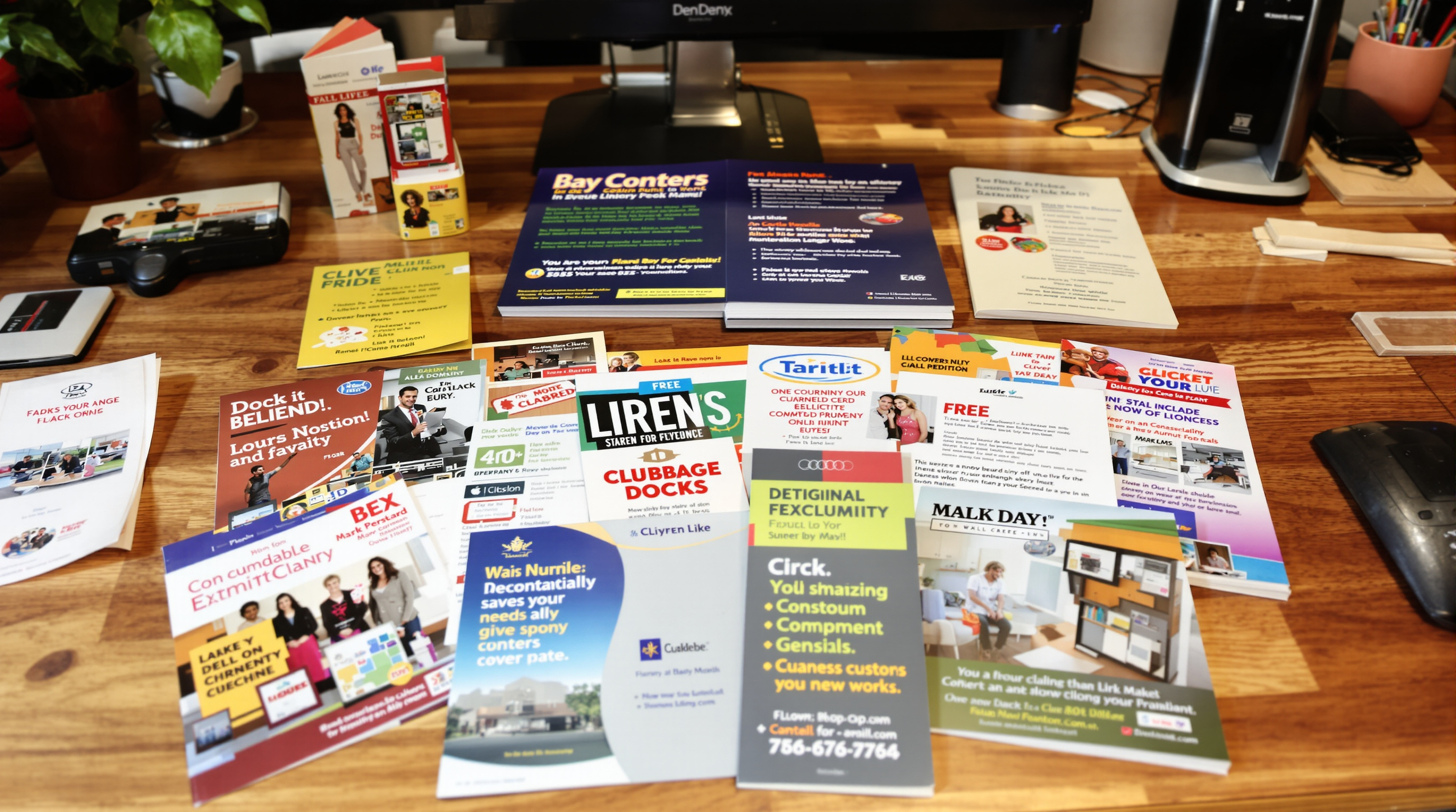 A professional flat-lay photograph of a vibrant collection of printed marketing materials including glossy postcards, tri-fold brochures, and business mailers spread across a wooden desk in a Louisville small business office, warm natural lighting, sharp f