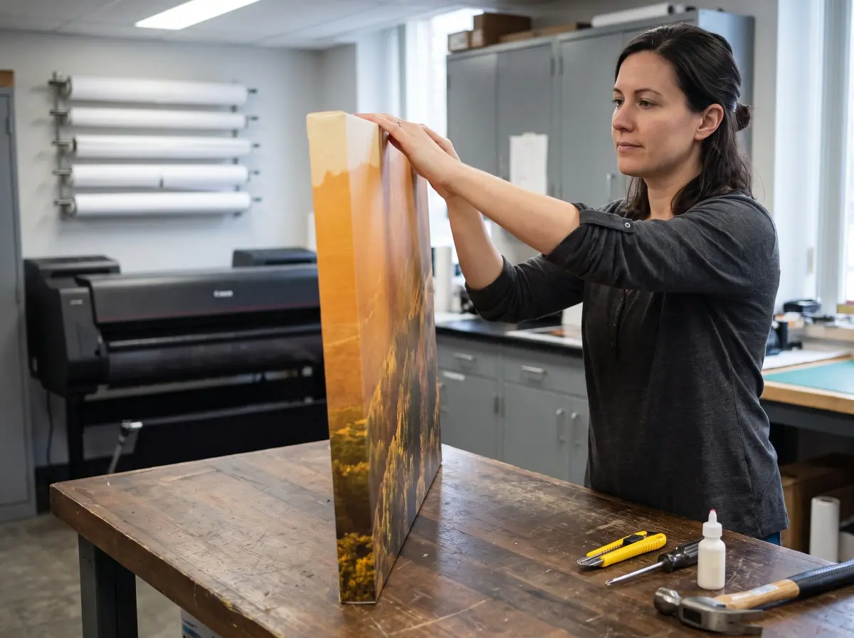 A canvas being hand-stretched over its frame in the Hite Photo shop