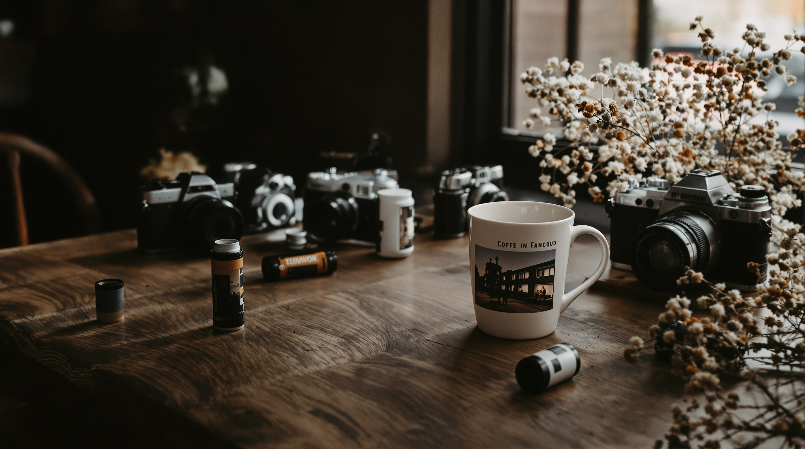 Custom ceramic mug with printed film photo beside vintage camera, 35mm film roll, and dried flowers on rustic wood table