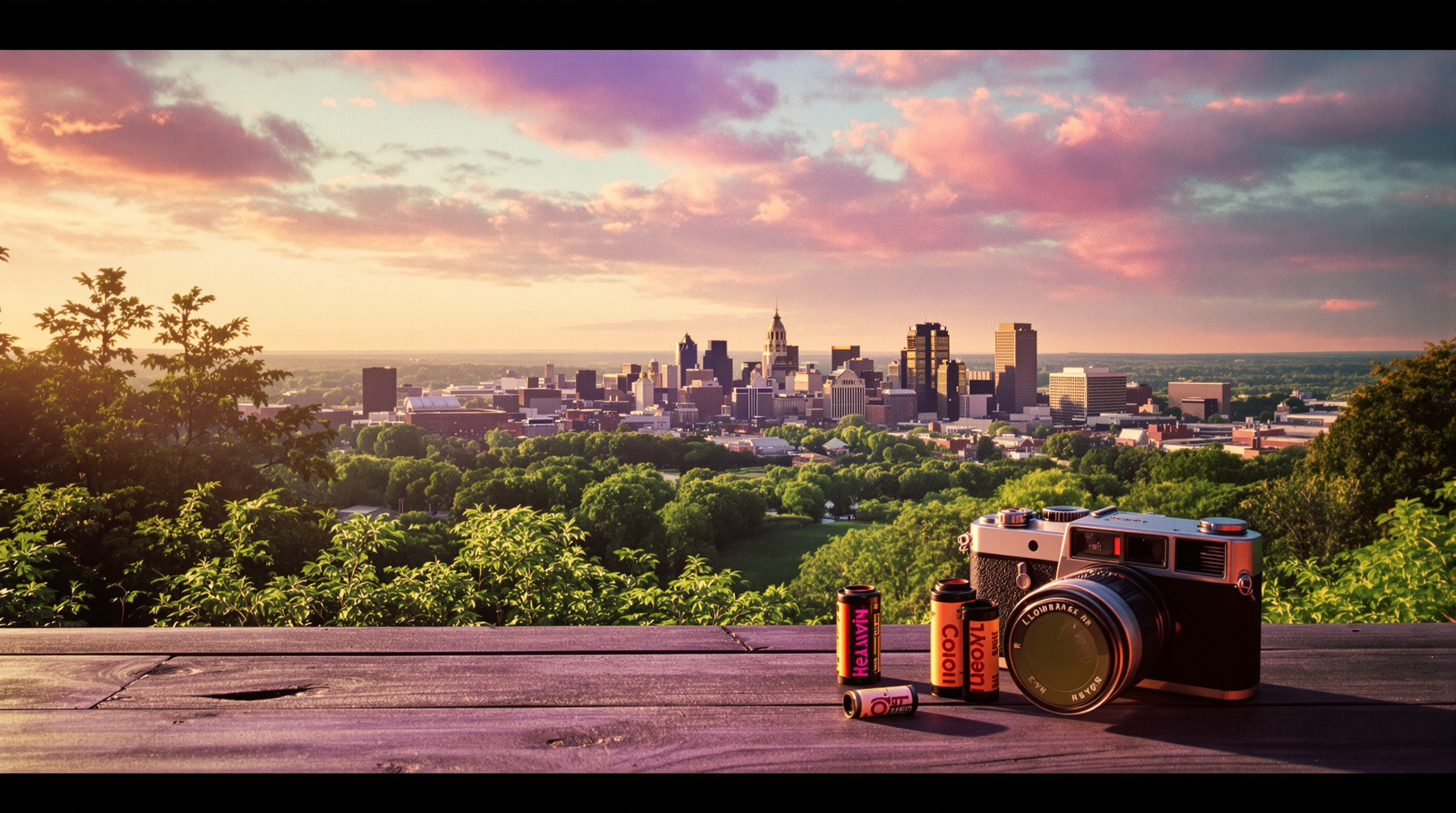 Louisville Kentucky skyline shot on LomoChrome Purple film with 35mm camera and colorful film canisters on wooden surface
