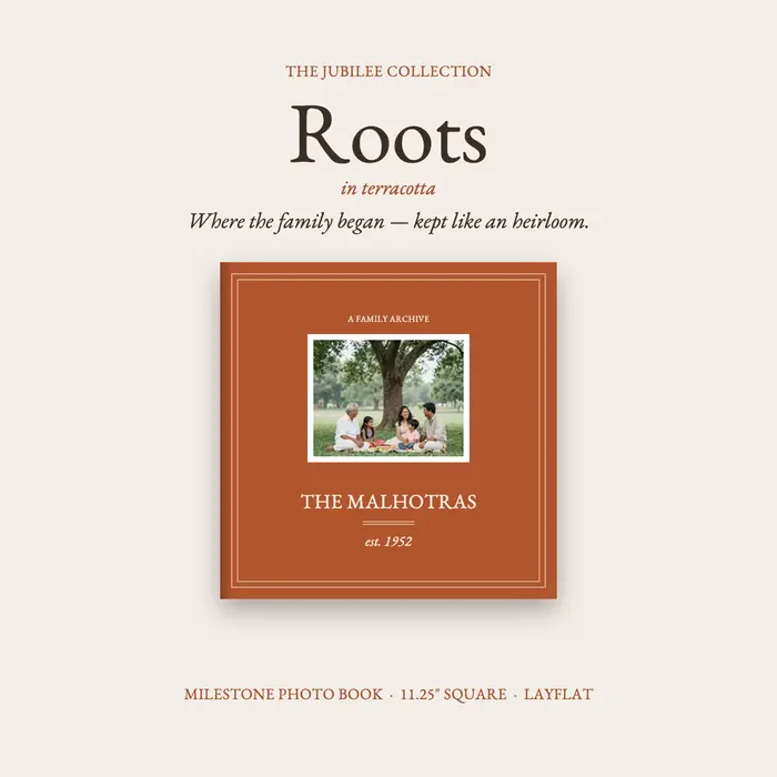 Roots Terracotta photo book from The Jubilee Collection, white & terracotta