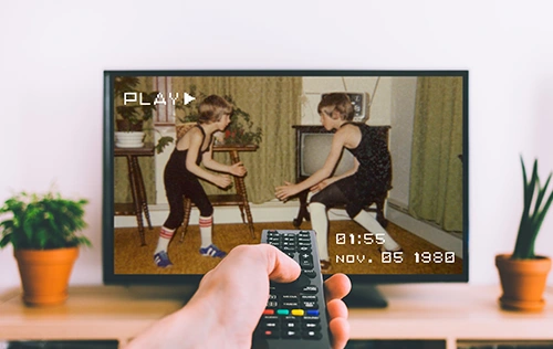 Old home video from 1980 playing on a modern TV after digitizing at Linhoff Photo