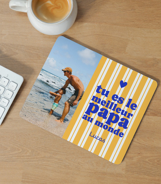 Tapis de souris personnalisé papa rayures jaunes avec photo et message tu es le meilleur papa du monde