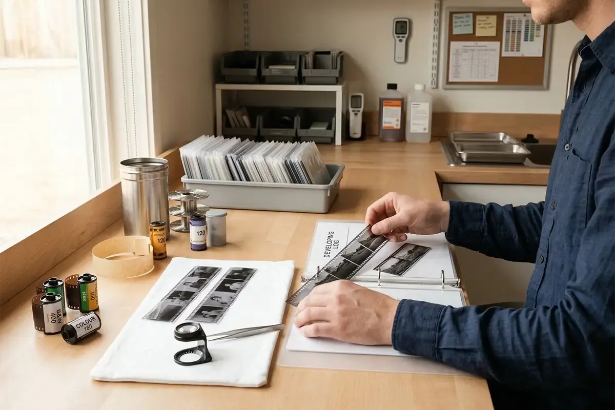 Film developing counter with 35mm and 120 film canisters, negatives, archival sleeves, and a clean professional lab workspace