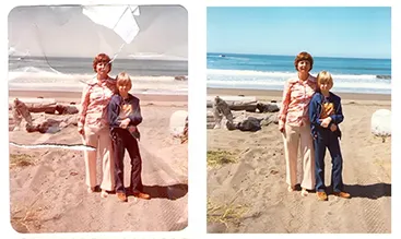 Before and after restoration of a cracked and faded beach photo of a mother and son, with creases repaired and color restored