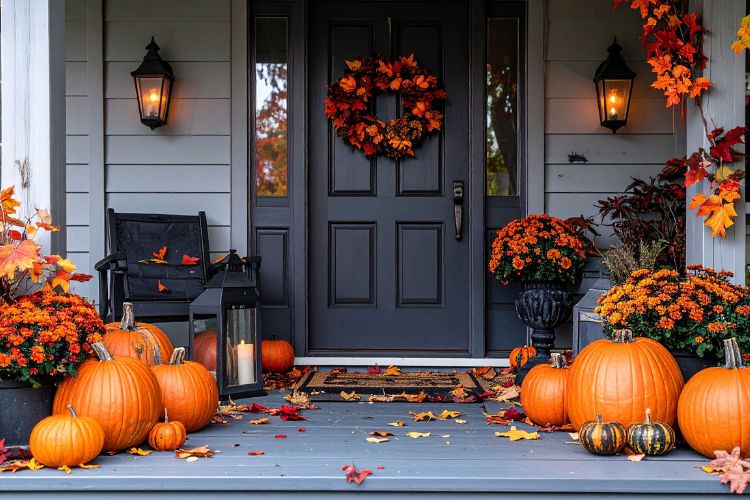 Front porch decorated with pumpkins, mums, and fall wreath for autumn