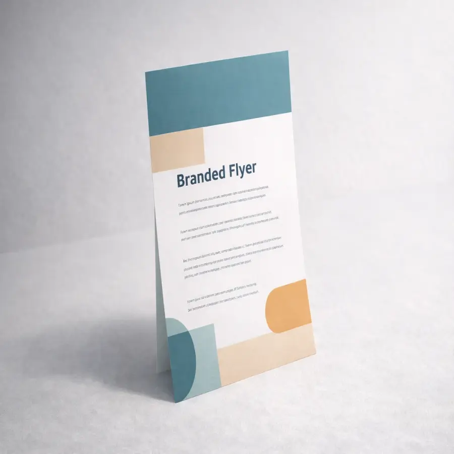 A branded flyer displayed upright in a modern studio scene