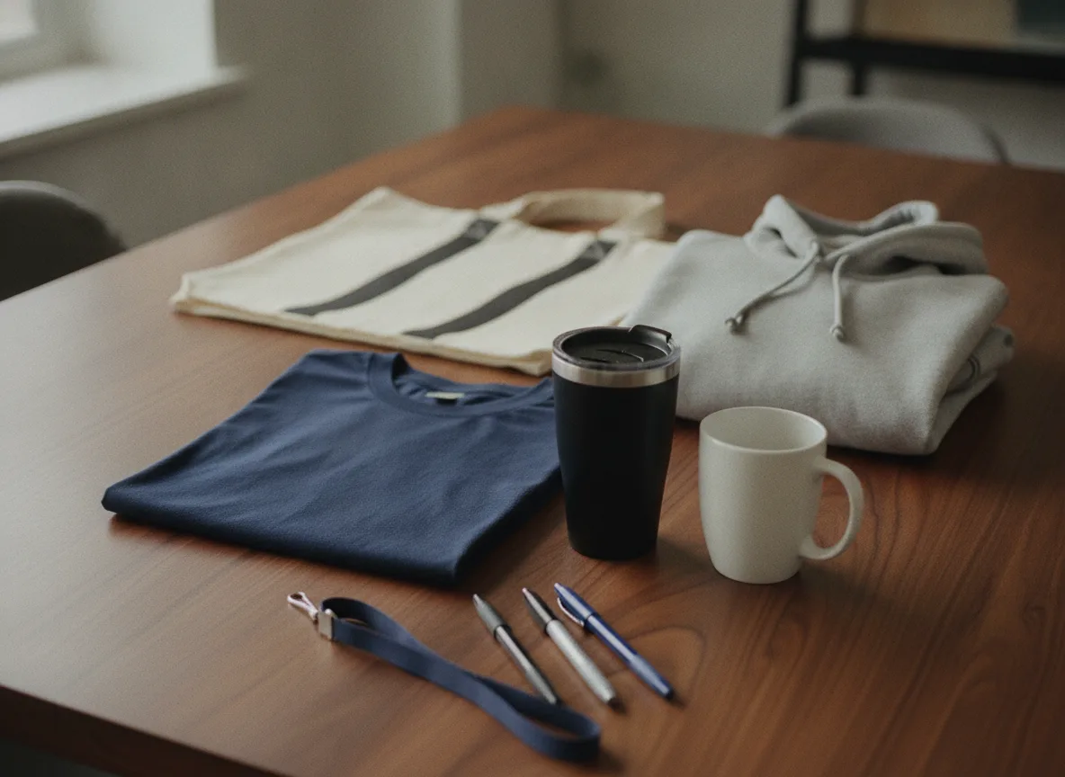 Blank t-shirts, a hoodie, a tote bag, a travel tumbler, a mug, pens and a lanyard on a walnut table.