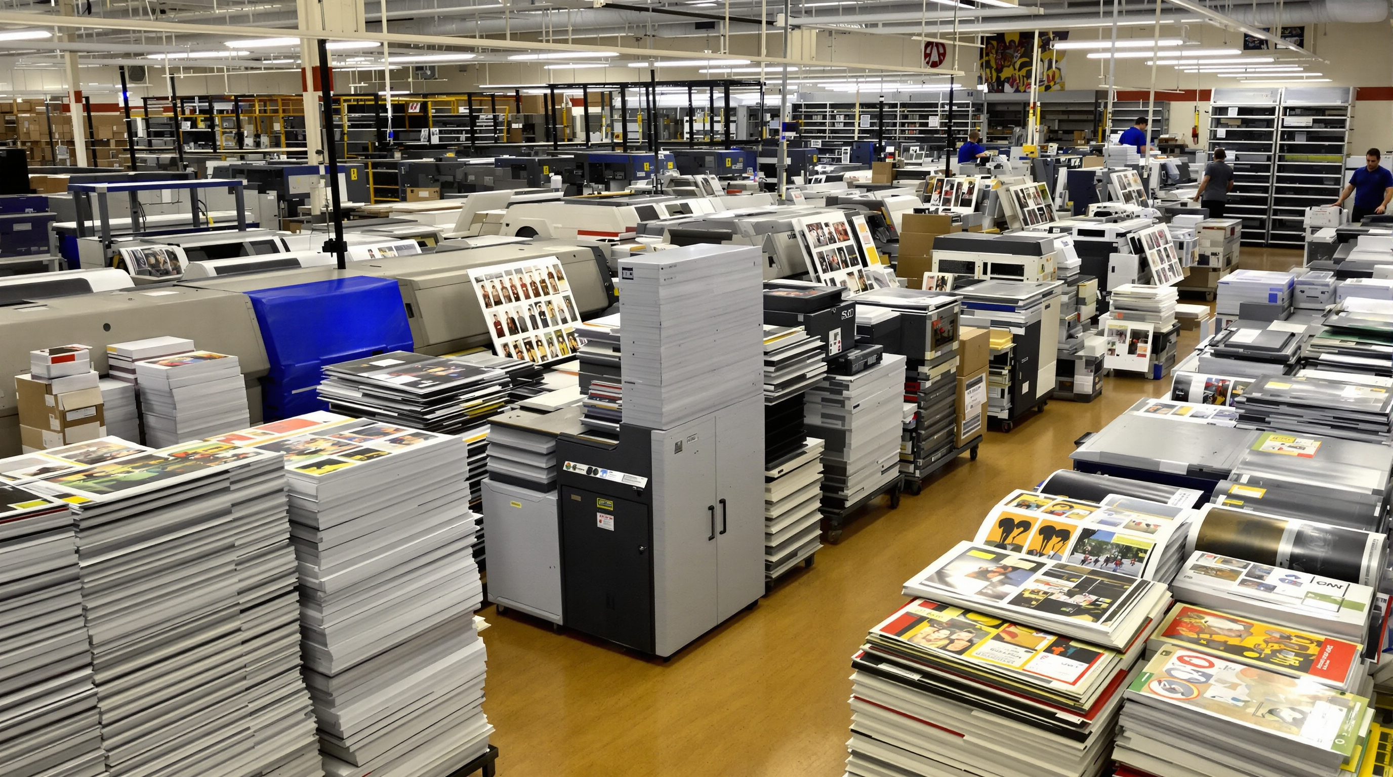 Louisville photo lab technician reviewing prints with large-format printers, sorted school and sports photos, and drying racks
