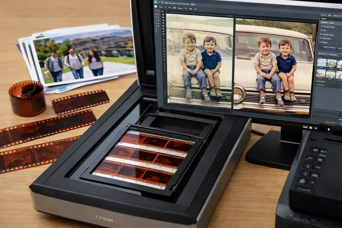 Finished photo prints laid out neatly on a clean table with color-accurate family images and a professional print lab feel