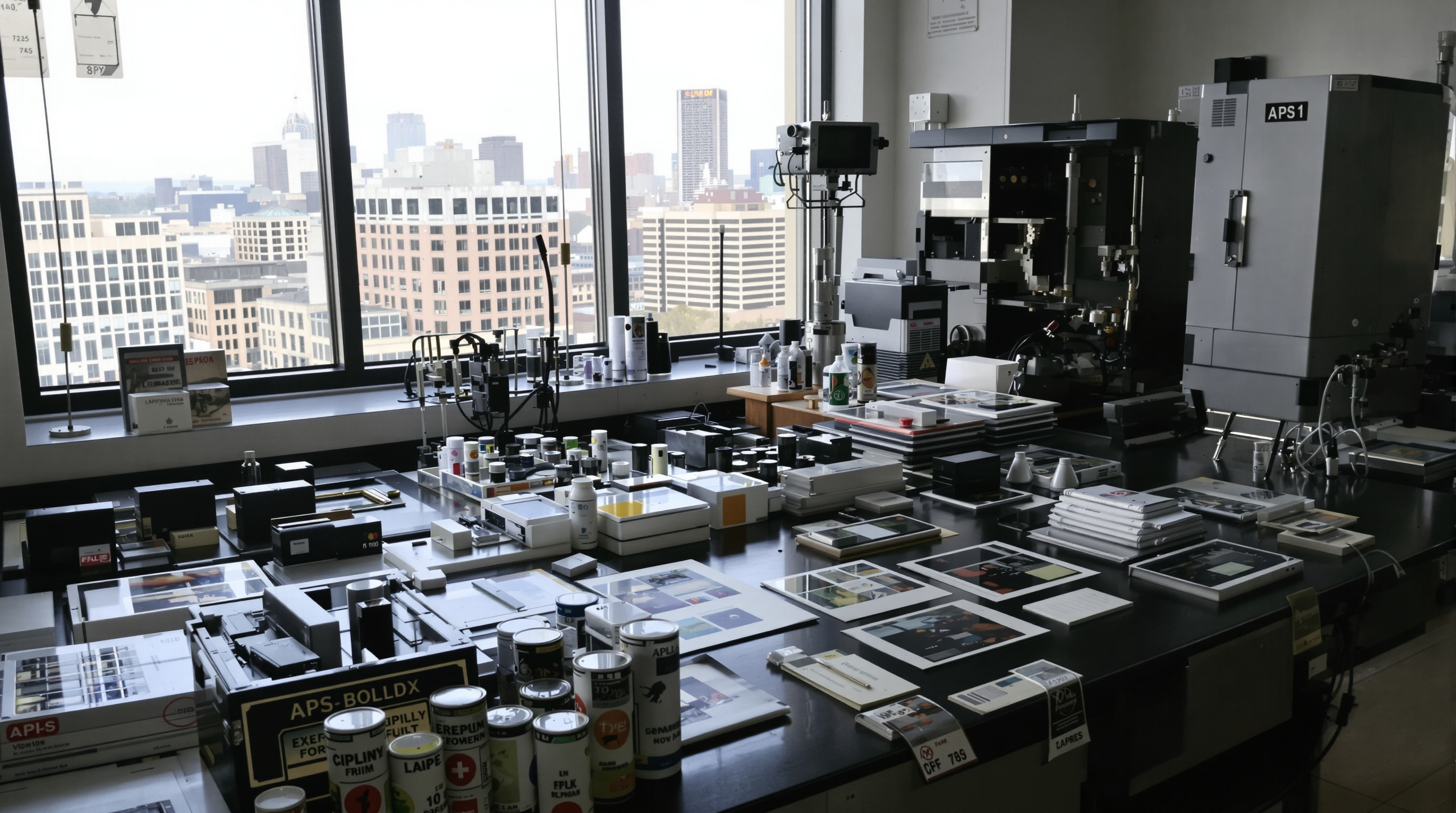 Professional photography lab in Kentucky with vintage APS film cartridges and 110 film being processed, showing both physical prints being handled and digital scanning equipment converting negatives to digital files, with Louisville skyline visible through