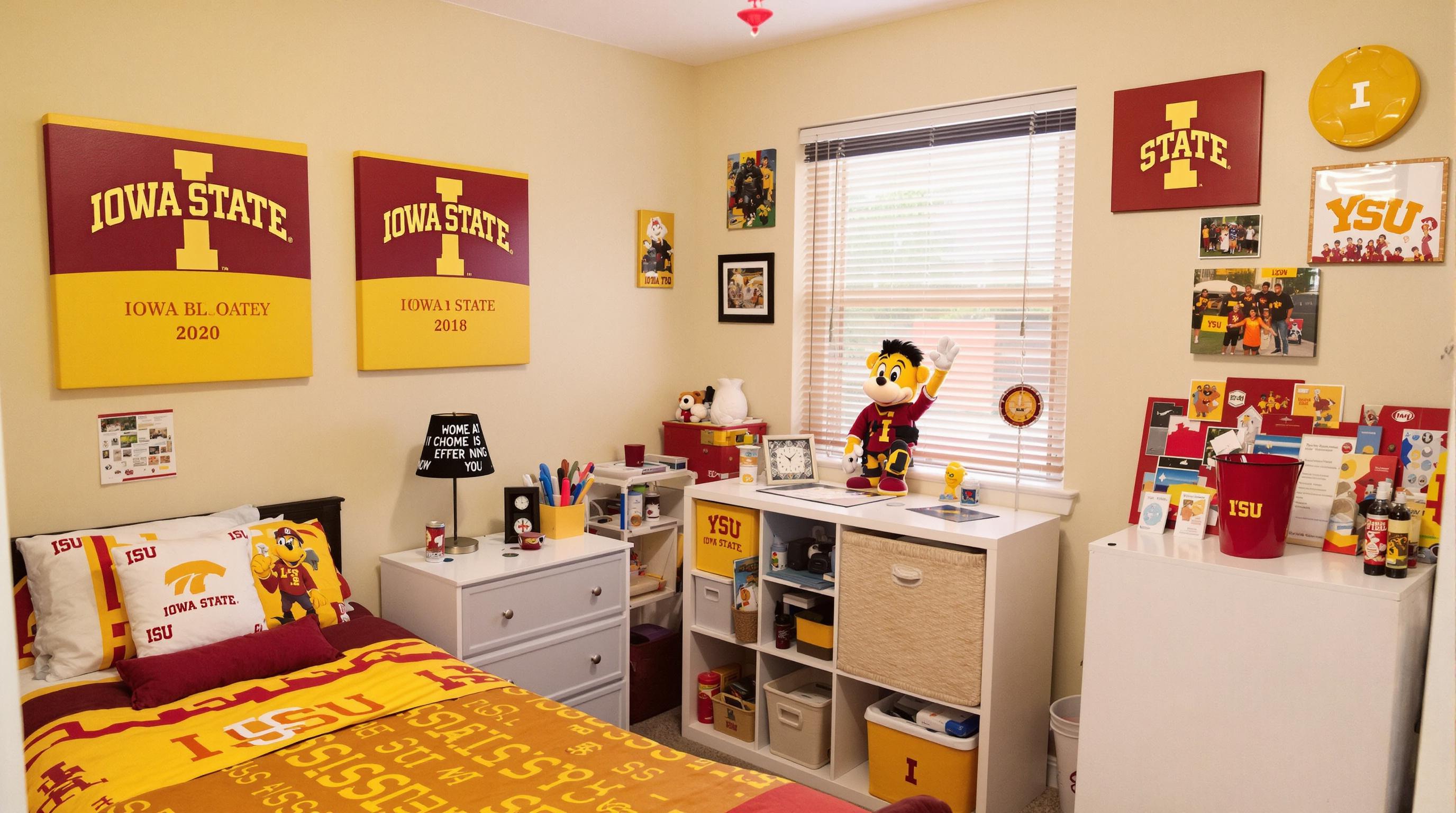 Iowa State University themed dorm room with cardinal and gold decor, ISU prints, Cyclone bedding, and storage featuring mascot Cy